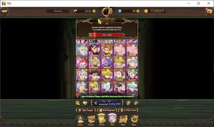 Global|2,1M CC|30 LS|4 LR+6 UR|Piety,Estarossa,Brunhild,N Meliodas6/6,Tristan,ODK3/6,DKM2/6,Etc|1 UR Selector|Code Only|SDS4833