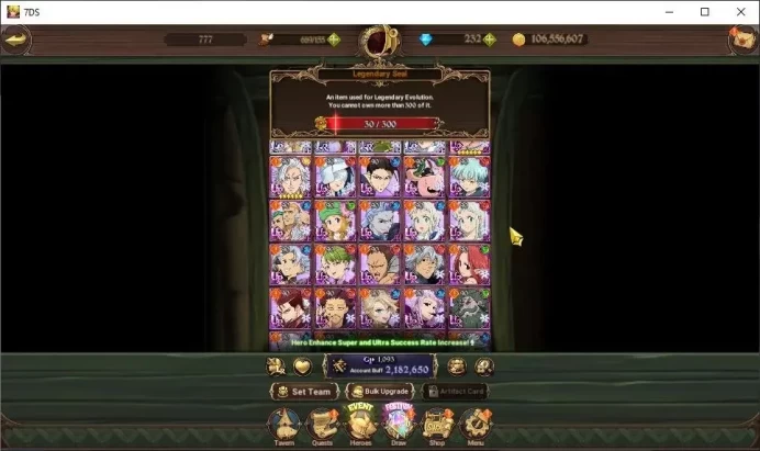Global|2,1M CC|232 DM+30 LS|4 LR+7 UR|F King,Helbram,Brunhild,N Meli6/6,MerEsca2/6,Tristan2/6,Etc|1 UR Select|CodeOnly|SDS4834