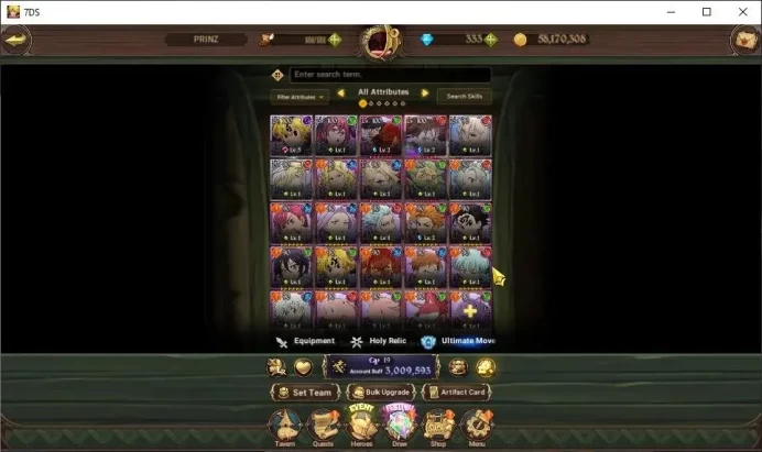 Global|3M CC|333 DM+62 LS|4 LR+8 UR|H Gowther,Lillia,Brunhild,N Meliodas5/6,MerEsca2/6,Skuld2/6,Arthur,DKM,Etc|CodeOnly|SDS4839