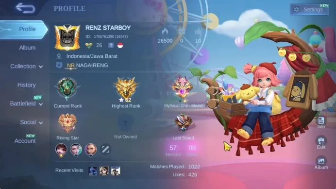 Hero 57|Skin 98|Highest Glory62|Sanrio Chang'e&Floryn,Dragon Tamer Kimmy,P.Ace Fanny,2 Meowkin,2 SABER,2 BLAZING,4 Epic|MLBB2308