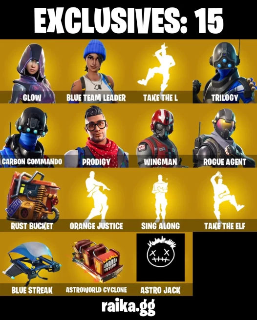 65 skins | Glow | Take the L | Trilogy | Carbon Commando | Prodigy | Wingman | Rogue Agent | Dark Voyager | Sorana | Valor | Fusion | 