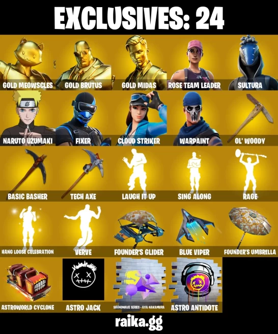  215 skins | OG STW | Gold Meowscles | Gold Brutus | Gold Midas | Sultura | Naruto Uzumaki | Fixer | Cloud Striker | Menace | Kymera | Era | 300
