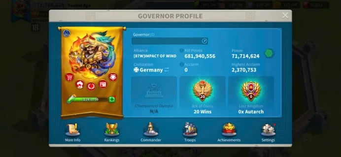 ROK2391: 71M - Vip 16 - 9 Commanders - 35 Passport  - 5M8 Credit  - 1 Skin House - 70k Gems