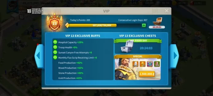ROK2392: 48M - Vip 13 - 2 Commanders - 45 Passport  - 1 Troop T5 - 13k Gems