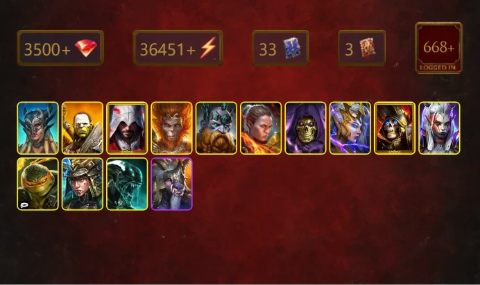 [STARTER]Harima+Granyt Doorkeep+Scyl+Artak+Ezio+Wukong+Ronda+Skeletor+Deliana+Deathknight+Visix+Michelangelo+Xenomorph+27Epics