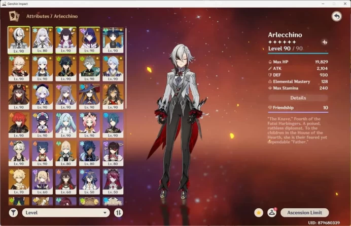 Asia|AR 59|11 Limit+3 Sign|Arlecchino,Skrik,Columbina,Kinich|MC Male|3 (*5 Wep)Crimson Moon's Semblance|TakeMail Check SS GI280B