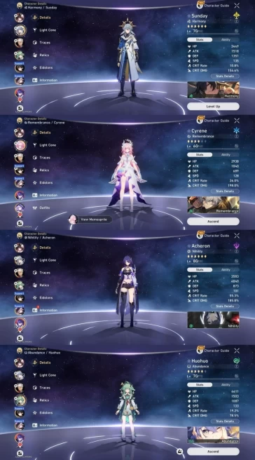1922 - All Platform - EU - Level 66 - 37 Character 15 5'star - 4 Light Cone 5'star - Acheron - Bronya - Black Swan - Sparkle