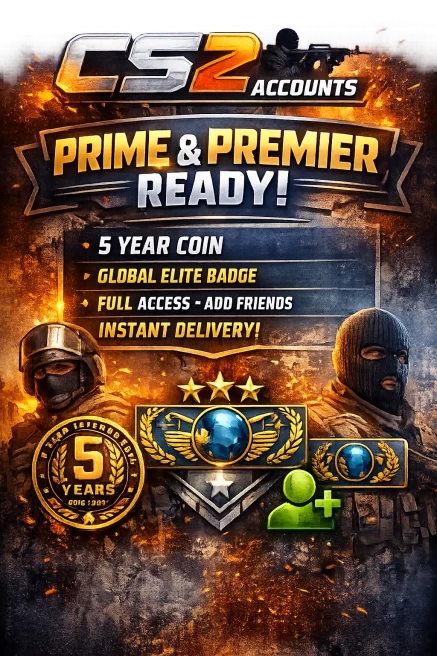 CS2 Prime | Premier Ready | Level 10+ | 5 Year Coin | Global Badge | Can Add Friends I Full access | Instant Delivery