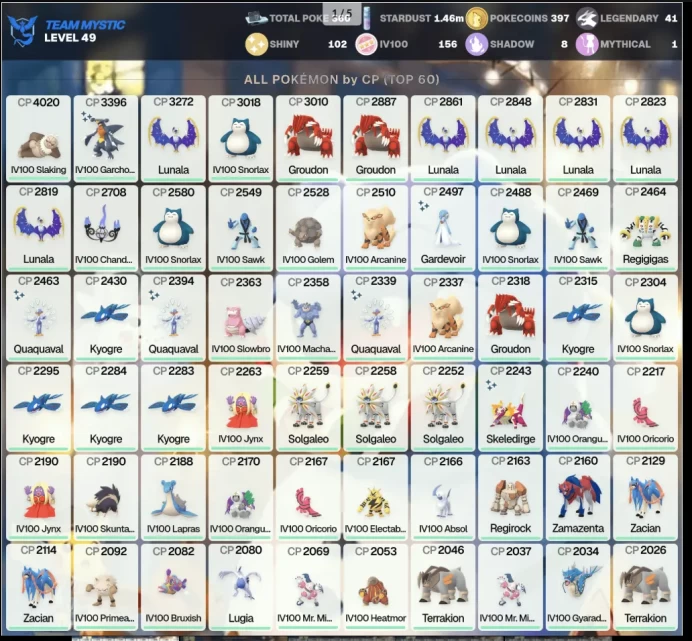 Shiny IV100 Garchomp 3,3K  IV100 Slaking 4K  Legendary:41  Shiny:102  Hundo:156  Lunala 3,2K,Solgaleo  Kyogre,Groudon  [KK]  PG-EQTJT