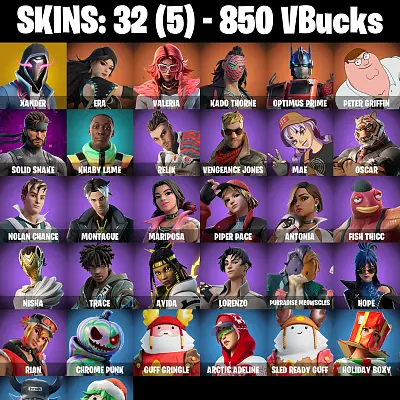 32 skins [PC/PSN/XBOX] Xander | Valeria | Kado Thorne | Optimus Prime | Peter Griffin | Solid Snake | Khaby Lame | AGCFN177