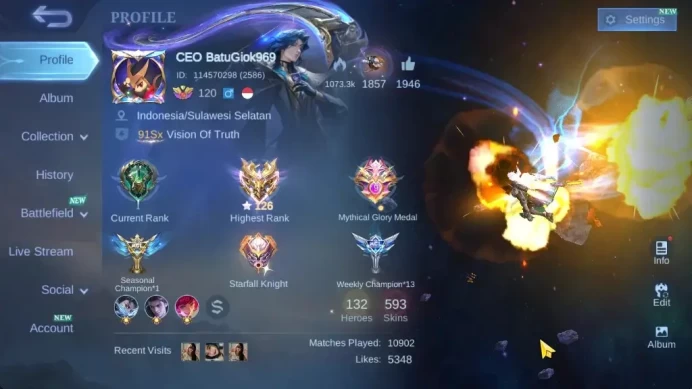 Hero 132|Skin 593|High Immo 126|Legend[Granger,Saber,Miya],Aspiran[Fanny,Vexana,ChangE,Angela],11LBox|Many Skin|CheckSS|MLBB2236