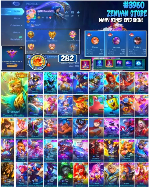 #3960 282 Skins Prime Granger SpongeBob & Petrik KoF Karina Gara Many Limited Many Zodiac Many Epic Safe Account ✅