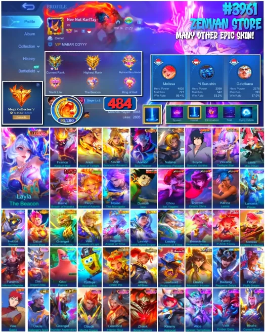 #3961  484 Skins  Legend Layla & Franco  Collector Arlot, Xavier, Aamon & Natalia  Sasuke  Aspirant Vexana & Layla  Kinsin Karrie 