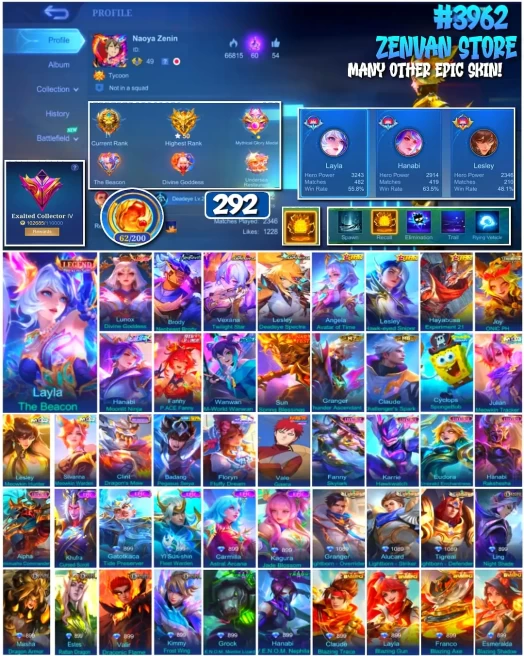 #3962 292 Skins Legend Layla & Lunox Neobeast Brody Aspirant Vexana & Lesley SpongeBob M World Wanwan Many Limited Many