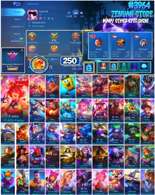 #3964 250 Skins KoF Karina SpongeBob Transformer Roger Kungfu Panda Thamuz Many Limited Many Epic Safe Account ✅