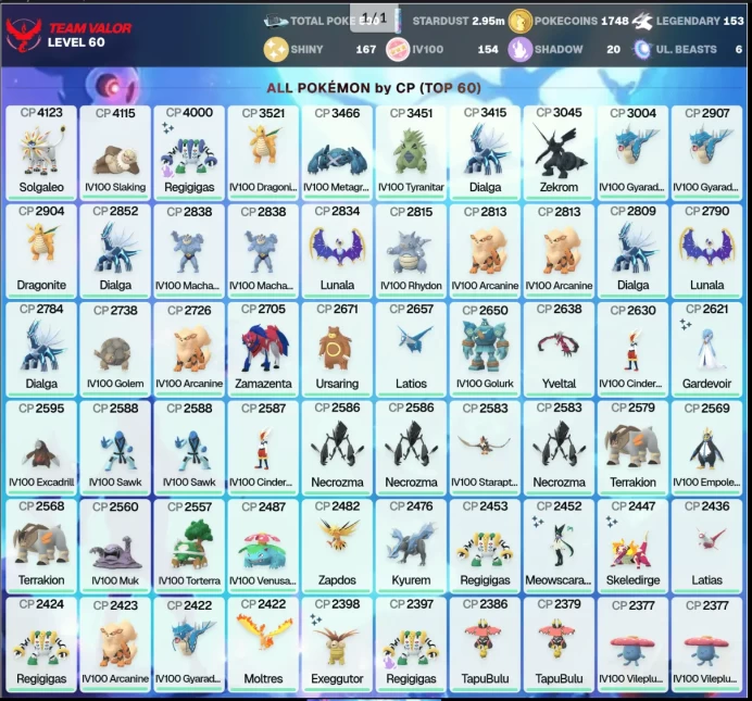 Shiny Shadow Regigigas 4K Solgaleo 4K IV100 Slaking 4K Legendary: 153 Shiny: 167 Hundo: 154 Shiny:Tapu Koko,Zamazenta,Necrozma 60l
