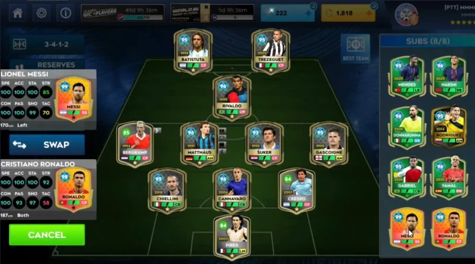 DLS184: Full Training, Accommodation 4,5 , Commercial, Recrutment, Medical - Ronaldo blue 98 - Messi 99 - 11 legend - 21 player WC