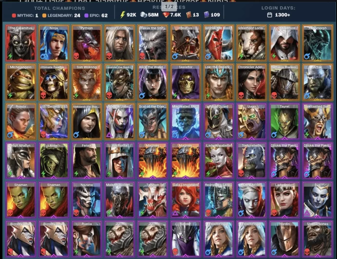 1300+ Days The Calamitus Brakus Alsgor Ninja 1Mythic/24Legend/63Epic/92k EN/7.8k Gems Pythion Loriaca Ignatius Ezio Auditore [TOP]