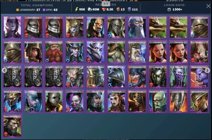 1300+ Days Krisk Trunda Lanakis Ninja 27Legend/62Epic/8.4k Gems/96k EN Cheshire Cat Greenwarden Helior Mountain King Artak [TOP]
