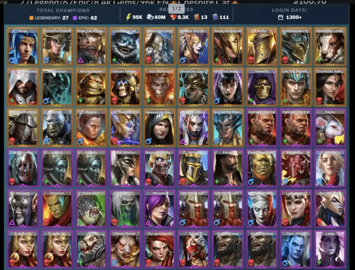 1300+ Days Krisk Trunda Lanakis Ninja 27Legend/62Epic/8.4k Gems/96k EN Cheshire Cat Greenwarden Helior Mountain King Artak [TOP]