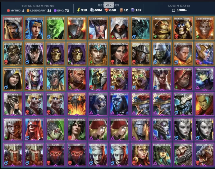 1300+ Days|Arne the White|Michinaki|Shirimani|Ninja|1Mythic/21Legend/72Epic/8.5k Gems/91k EN|Richtoff the Bold|Ezio Auditore|Xenomorph|