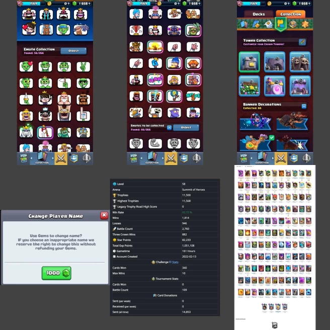 ■LVL:58 (GemValue:$13303) ■Cards:121 L16:3 L15:5 L14:9 L13:10 ■Skins:5 ■HT:11568 ■Emotes:56 ■Full Access ■Instant Delivery ■A7223 ______________