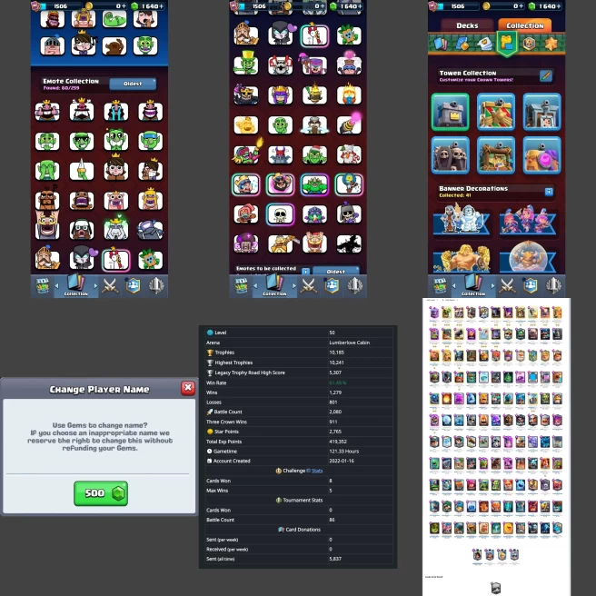 ■LVL:50 (GemValue:$8771) ■Cards:121 L15:3 L14:14 L13:10 ■Skins:5 ■HT:10241 ■Emotes:60 ■Full Access ■Instant Delivery ■A7224 ____________________