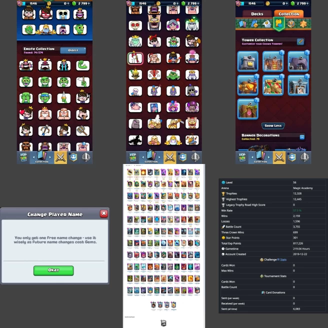 ■LVL:56 (GemValue:$12124) ■Cards:121 L16:3 L15:8 L14:3 L13:15 ■Skins:6 ■HT:12445 ■Emotes:74 ■Full Access ■Instant Delivery ■A7226 ______________
