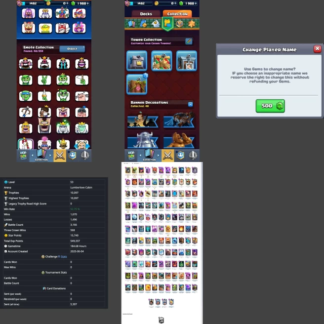 ■LVL:53 (GemValue:$8083) ■Cards:121 L16:3 L15:1 L14:5 L13:8 ■Skins:3 ■HT:10097 ■Emotes:40 ■Full Access ■Instant Delivery ■A7228 ________________