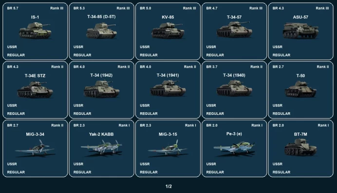 [STEAM] RANK 3 | IS-1 | T-34-85 (D-5T) | KV-85 | T-34-57 | ASU-57 | T-34E STZ | T-34 (1942) | T-34 (1941) | T-34 (1940) | T-50 | MiG-3-34