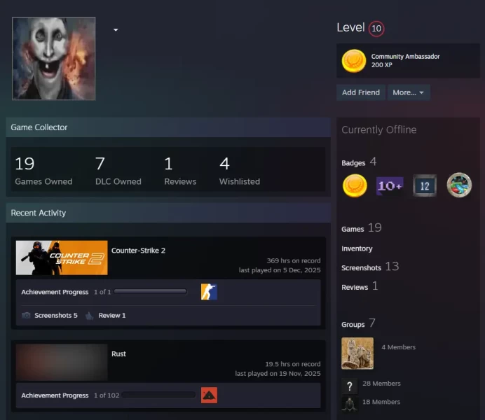 19Game 10 LvL Steam-Rust-CS2 Prime+5Medals(2016 Service Medal/10Y/5Y/Loyalty Badge/Global Offensive Badge)Faceit Ready