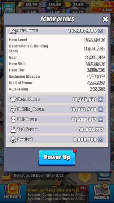 LW146: Android/iOS - Vip14 - Sever905 - HQ35 - 238 M Power ( Hero 147M , Done 10M ) - squad 1 tank 53,6M - 54Ticket