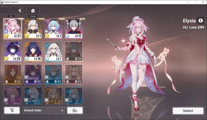SEA|Lv 31|Seele Vollerei SP 1/4,Elysia Hi Love Elf,Kiana Kaslana HeVo,Raiden Mei CI,Etc|1 AOp+1 ELFs|1820 Crystal|Check SS|HI926