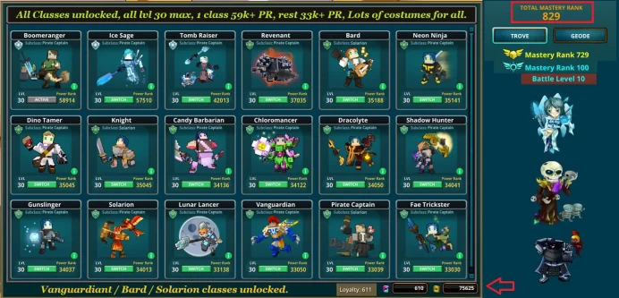 PC Top-End Trove Acc, all classes unlocked, all lvl 30 max, 1 class 59k+ PR, Lots of Dragons, Mounts, Wings + Lots of Items & GANDA + Flux