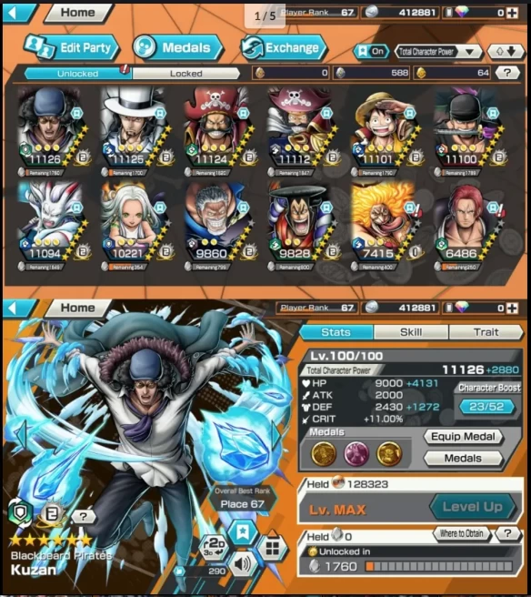 LVL 67 - HB 55 - 12 EX META 7 MAX - KUZAN MAX - ROB LUCCI MAX - ROGER V1 V2 MAX - LUFFY MAX - ZORO MAX - YAMATO MAX - SUPPORT 162 - BR279