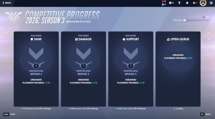 OW405//OW2 S3 2026 ROLES bronze 4 TANK + bronze 4 dps+ bronze 5 SUP account Full access