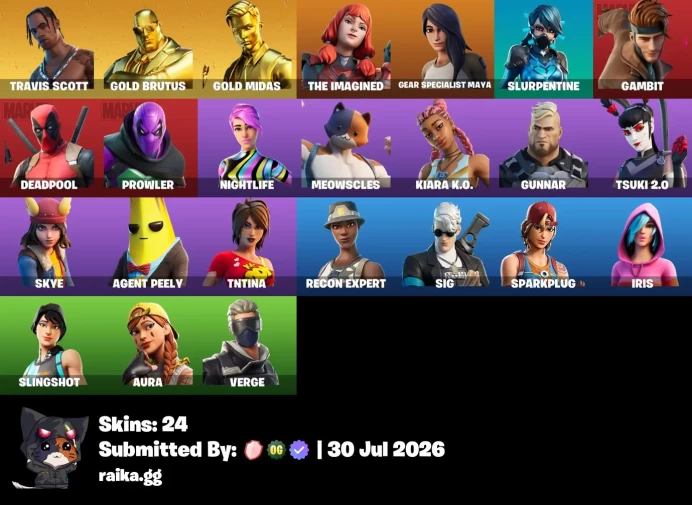 [PC/PSN] 24 skins | Travis Scott | Gold Brutus | Gold Midas | The Imagined | Gear Specialist Maya | Slurpentine | Gambit | Deadpool | 100 VB