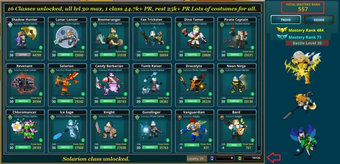 PC Trove Acc, 16 classes unlocked, all lvl max, 1 class 44.8k+ PR, Lots of Dragons, Mounts, Wings, Flux + Rare Items & much more