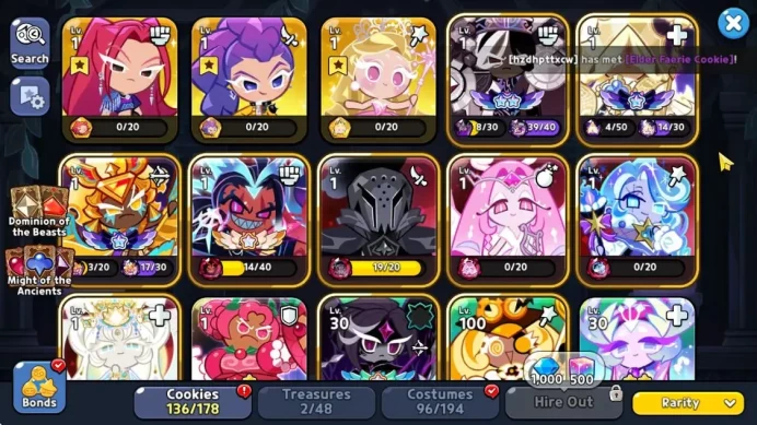Dark Cacao|136 Cookies|3 Collab(Mira,Rumi,Glinda)|5 Beast(Burning,Salt,Shadow,etc)|4 Ancient|183k Crystal|Log Email|CRK100