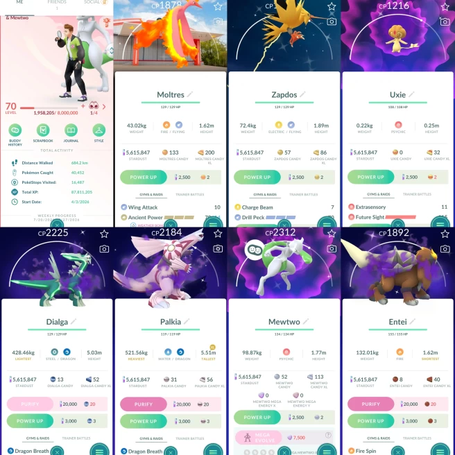 W067 Level 70 Shiny Moltres PokePark Kanto Japan BG (traded) Shiny Mewtwo Shiny shadow Dialga