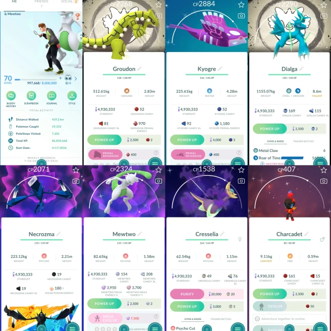 W074 Level 70 Shiny Mewtwo Shiny Dialga Origin Rare BG Shiny Primal Groudon Rare BG