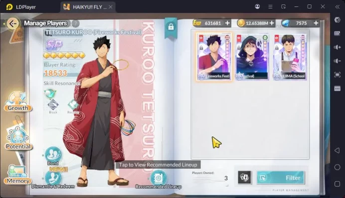 SEA|Lv.47|3 SP[Kuroo,Oikawa,Ushijima]+Memo|8 SSR[Tanaka,Ojiro,Sawamura,Tsukishima,Yamagata,ETC]|Check SS|Log Google|RA089B