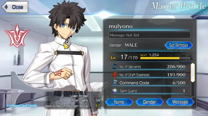 NA Lvl 17|Starter Orleans 5 SSR Servant (Ciel , Ereskigal Kama AV, Okita Saber |Log Code|SS(FGO799)