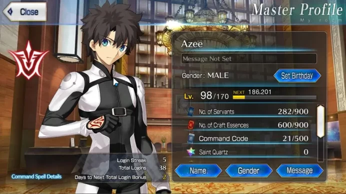 NA Lv 98 | 7 SSR Servant (Oberon,CIEL,Zhuge Liang,Koyanskaya Dark,Xiang Yu,etc)| 84 Golden Fruit|Unset Birthday|Log Code|FGO802