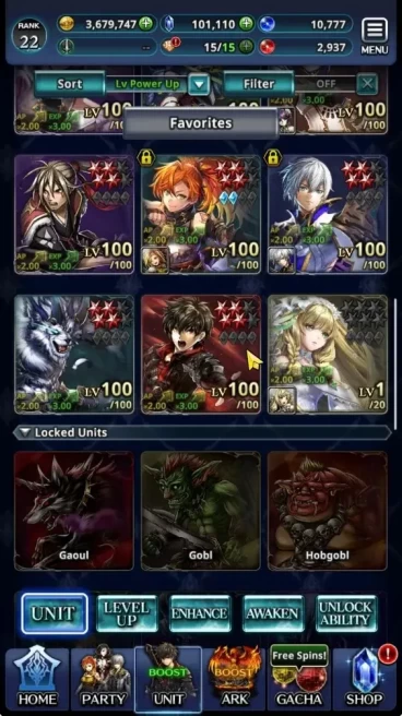 GLOBAL|Rank 22|101k Crystals|Top Tier Unit (PGT Famille,G Lilaha,Shinobi Hime Lilebette,Zekus Forgate)|1 UR & 10 SSR Ark|LC1534
