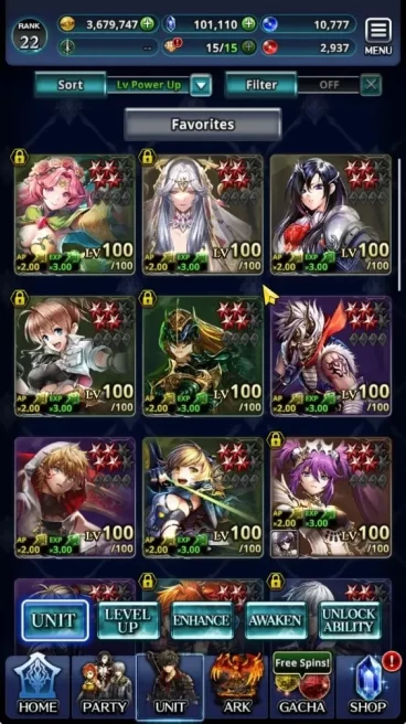 GLOBAL|Rank 22|101k Crystals|Top Tier Unit (PGT Famille,G Lilaha,Shinobi Hime Lilebette,Zekus Forgate)|1 UR & 10 SSR Ark|LC1534