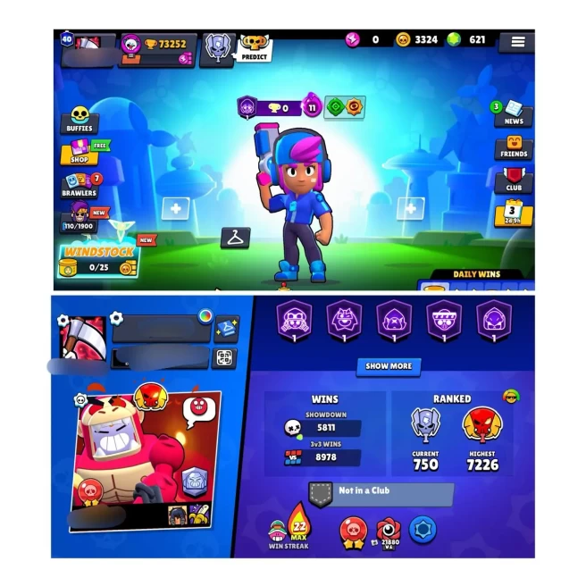 73K TROPHY| 621 Gems | 96 BRAWLER | 55 MAX | 51 HYPER | 275 SKINS | 12 Mythic Skins
