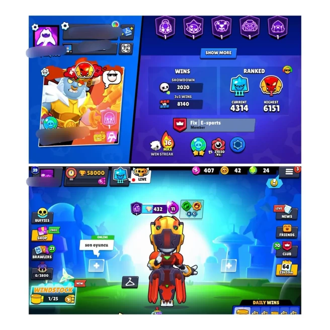 FULL ACCES | 58K TROPHY | 104 BRAWLER | 35 MAX | 61 HYPER | 281 SKINS | 8 LEGENDRY SKINS