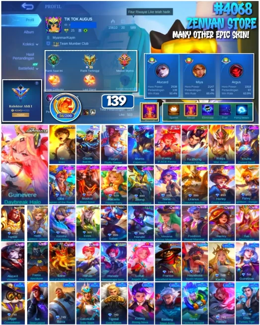 #4068 | 139 Skins | Aspirants Guinevere Daybreak Halo | Attack on Titan Yin Eren | Zodiac Martis Capricorn | Freya War Angel