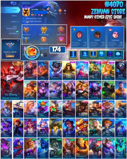 #4070 | 174 Skins | Collector Yu Zhong Blood Serpent | KOF Karina Leona | Saint Seiya Badang Pegasus Seiya | Bruno Neymar Jr